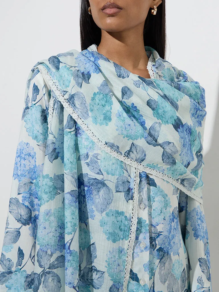 Zuba Blue Floral Print Cotton-Blend Dupatta