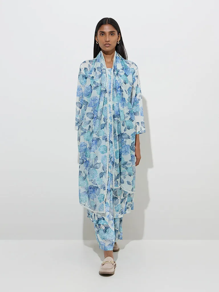 Zuba Blue Floral Print Cotton-Blend Dupatta